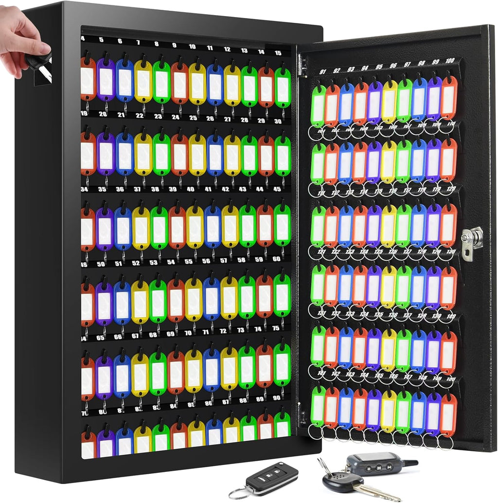 150 Keys Cabinet Organizer Wall Mount, Heavy Duty Key Lock Box with Key Hooks & 150 Tags Key Labels, Security Lockbox for Valets, Hotels, Car, Office Key Management & Storage