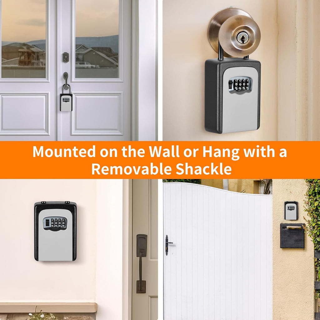 Portable Key Lock Box, Upgrade Clearly Visible Numbers, Lock Box Wall Mounted for House Key, 5 Key Capacity, Weatherproof Resettable Code (White, 4)