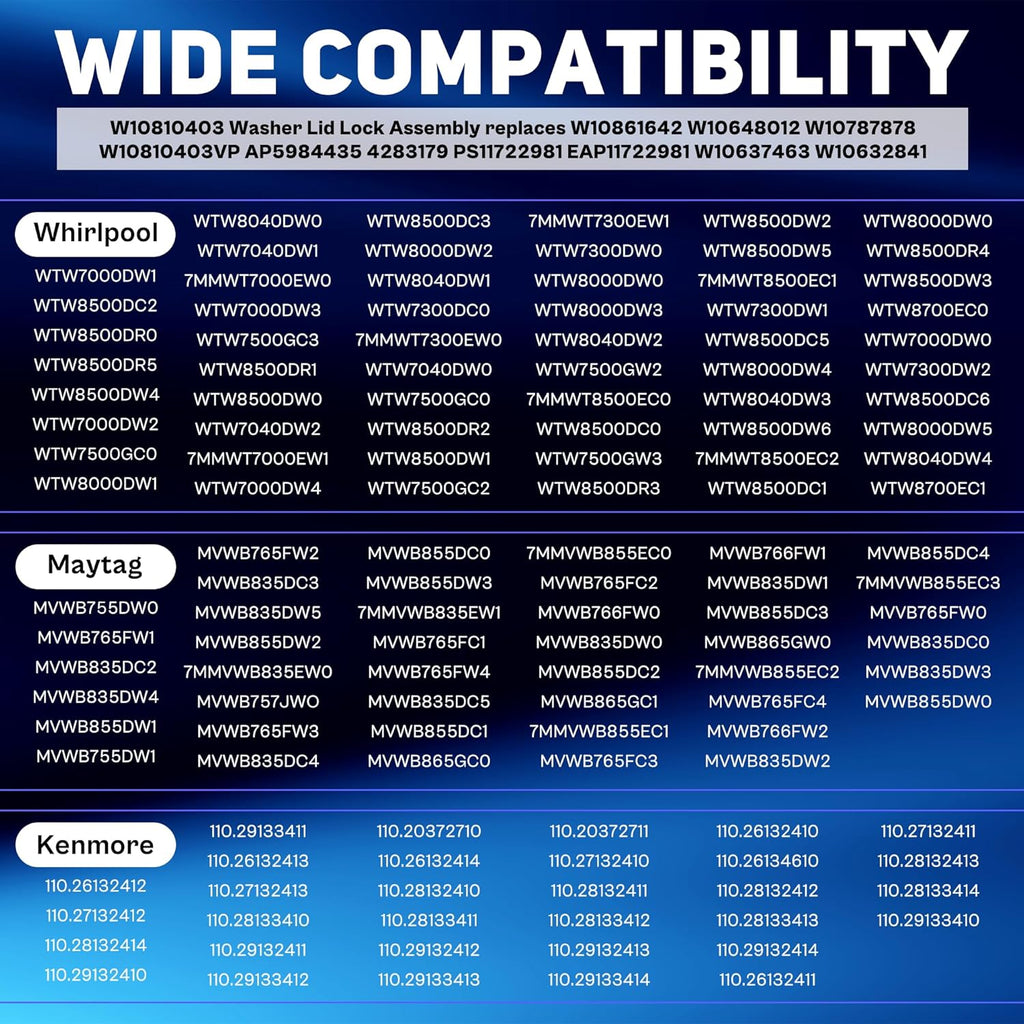 W10810403 W10787836 W10861642 Cabrio Washer Lid Lock Compatible with Whirl-pool Cabrio,Ken-more Series 600/700 & May-tag Bravos XL,Replace WTW7000DW0 WTW7300DW1 MVWB765FW2 MVWB835DW0 by TOMOON