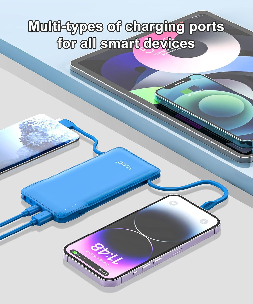 TG90° 10000mah Power Bank Portable Charger with Built-in Cables, Portable Phone Charger Battery Backup Compatible with iPhone 17 16 15 14 13 12 and Android Phones