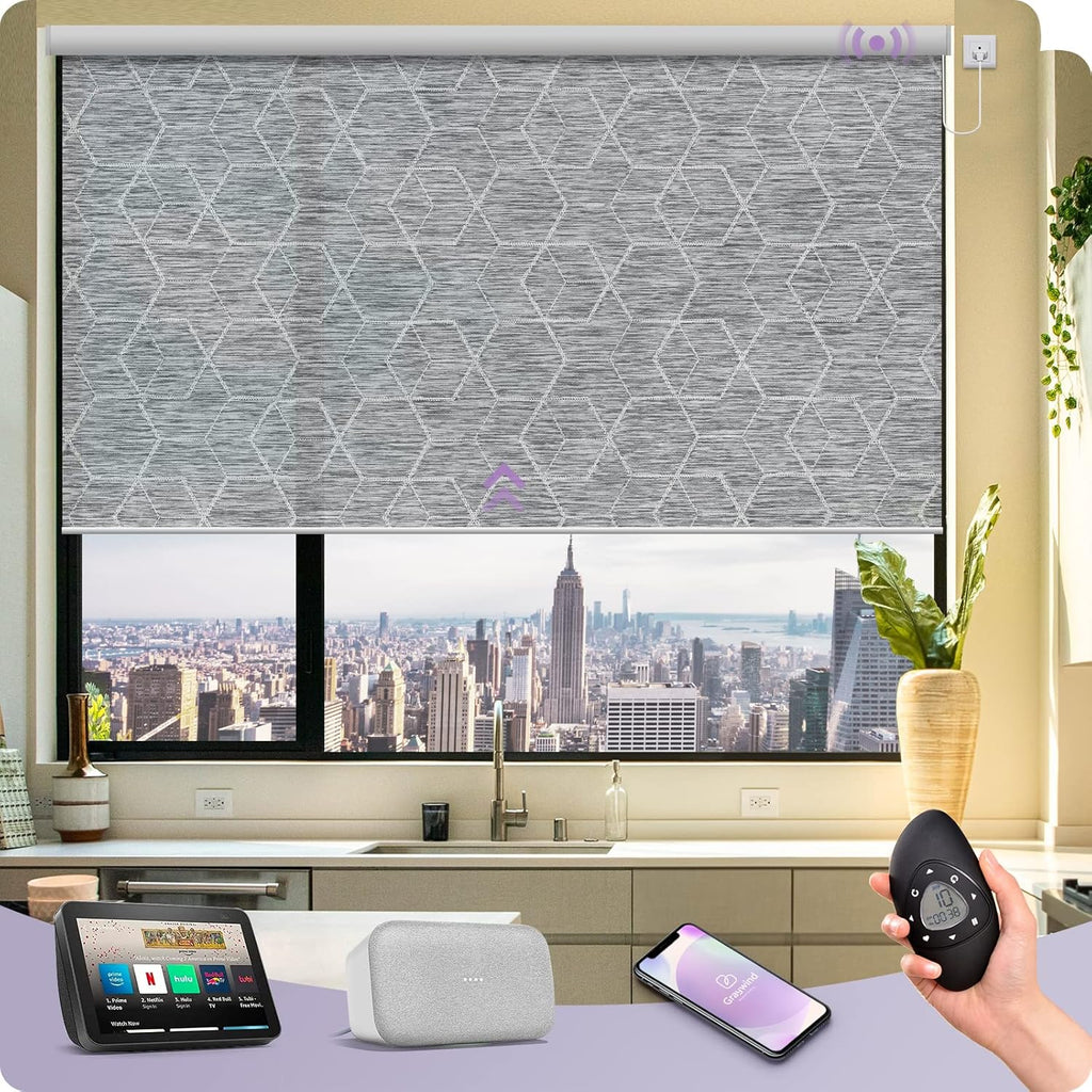 Graywind Motorized Roller Shades Compatible with Alexa Google Hardwired WiFi Smart Light Filtering Blind Remote Automated Blinds Electric Window Shade, Custom Size (1% Openness Geometry Grey)