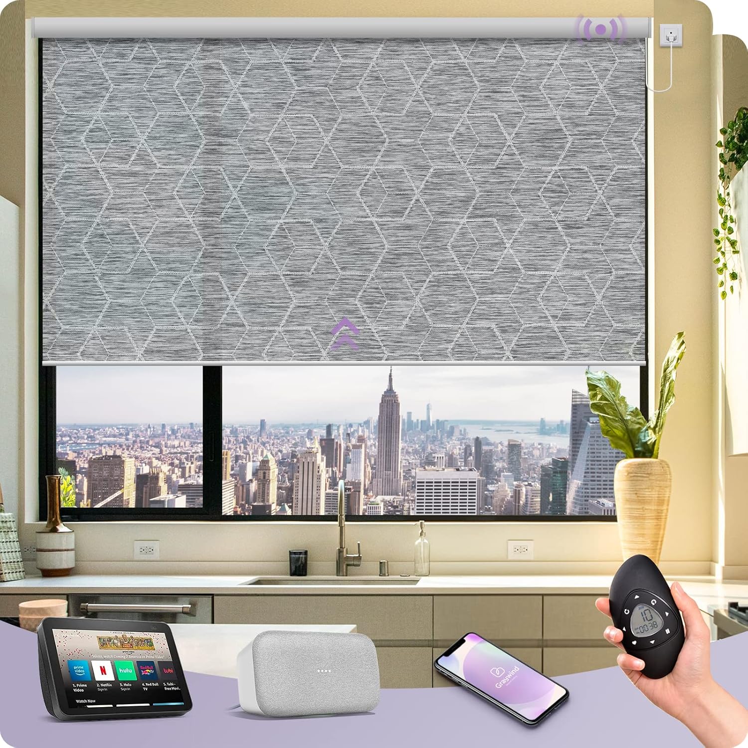 Graywind Motorized Roller Shades Compatible with Alexa Google Hardwired WiFi Smart Light Filtering Blind Remote Automated Blinds Electric Window Shade, Custom Size (1% Openness Geometry Grey)