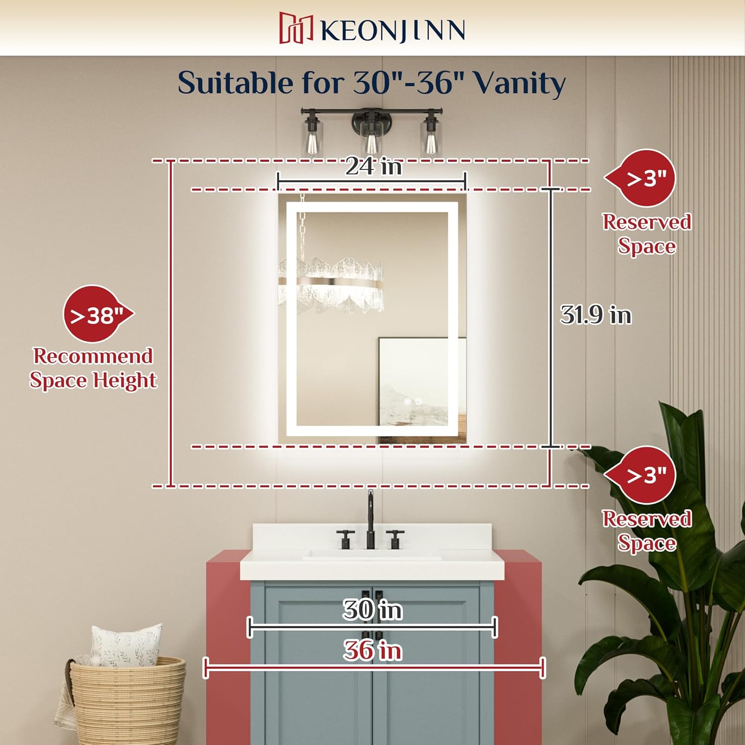 Keonjinn 24x32 Inch LED Bathroom Mirror with Light, Frontlit & Backlit, Lighted Mirrors for Bathroom Wall with Dimmable 3-Color Lights, Anti-fog Vanity Mirror with Tempered Glass, UL-Listed LED Driver