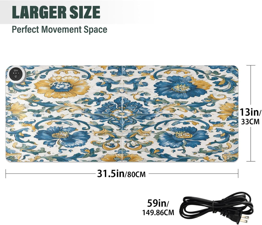 Heated Desk Pad Mouse Pad 31.5x13 Inch PU Leather Desk Mat with 3 Heat Levels Large Mouse Gaming Computer Laptop Mat Floral Blue and Yellow Tile