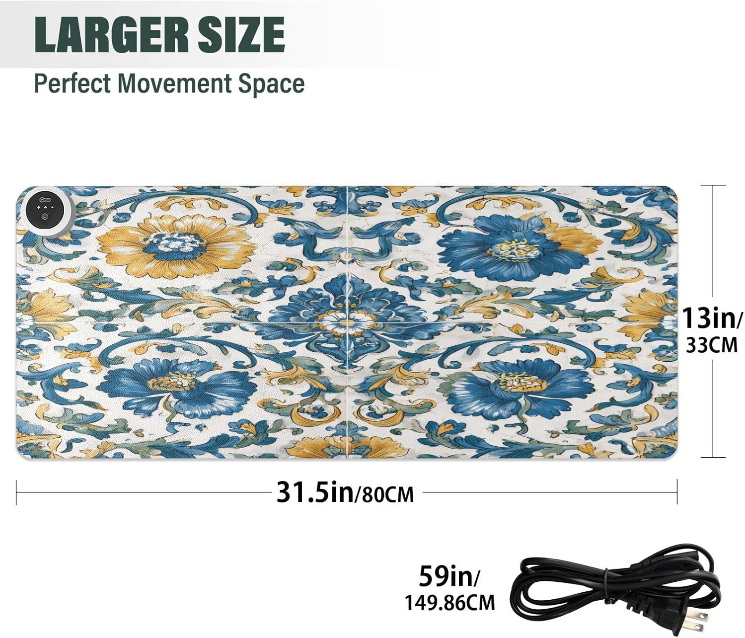 Heated Desk Pad Mouse Pad 31.5x13 Inch PU Leather Desk Mat with 3 Heat Levels Large Mouse Gaming Computer Laptop Mat Floral Blue and Yellow Tile