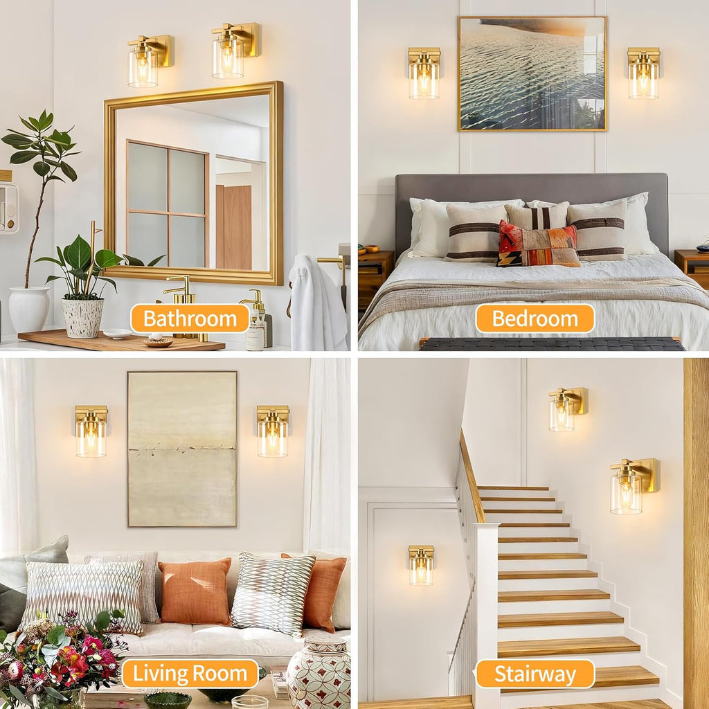 1 Light Modern Bathroom Light Fixtures Over Mirror, Brass Finish Vanity Lights for Bathroom Wall Sconces with Clear Glass Shades, E26 Socket (Bulbs Not Included)