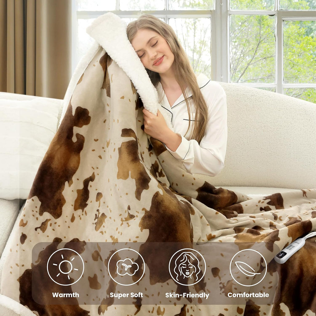 Cow Print Heated Blanket Twin-Heating Electric Blanket Twin with 10 Heat Levels & 10 Hours Auto-Off, Cozy Soft Fleece Sherpa, Washable, 62 x 84 Inches Cow Print Apricot