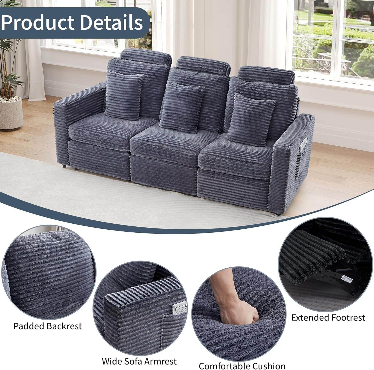 LEVNARY 3-Seater Modular Reclining Sofa, Faux Rabbit Fur Power Recliner Couch with 3 Electric Seats, 3 Pillows & Side Pockets, Adjustable Back & Footrest, Living Room Furniture (Gray)