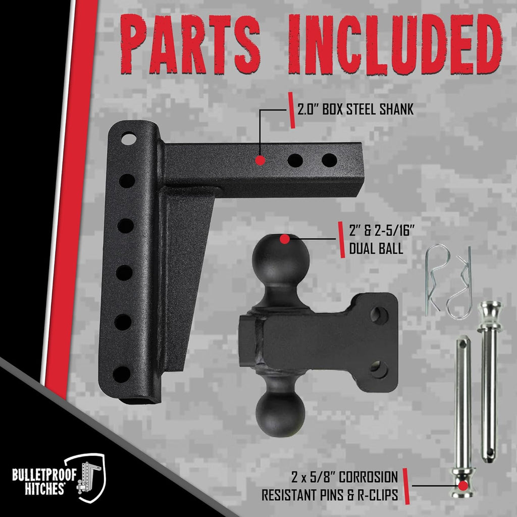 BulletProof Hitches - 2.0" Adjustable Medium Duty Trailer Hitch (14,000 lb. Rating) - 6" Drop/Rise Trailer Hitch with 2" & 2-5/16" Dual Ball - Powder Coat, Box Steel, Corrosion-Resistant
