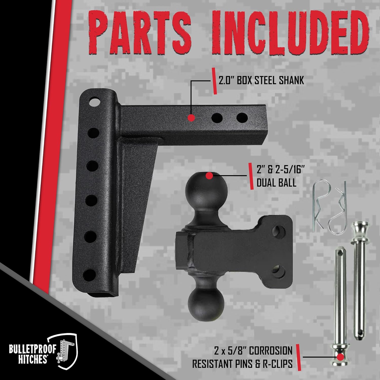 BulletProof Hitches - 2.0" Adjustable Medium Duty Trailer Hitch (14,000 lb. Rating) - 6" Drop/Rise Trailer Hitch with 2" & 2-5/16" Dual Ball - Powder Coat, Box Steel, Corrosion-Resistant