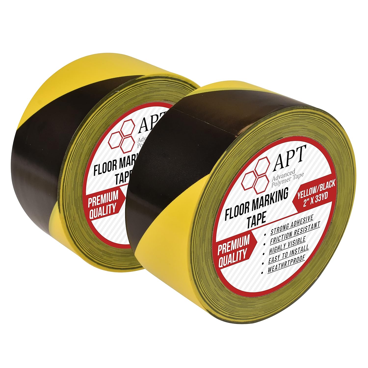 APT Premium Durable Black & Yellow Striped Safety Marking Tape (2 Rolls of 2" x 99Ft (33 Yds)) Hazard Caution& Warning, Social Distancing, Warehouse & Gym Floor