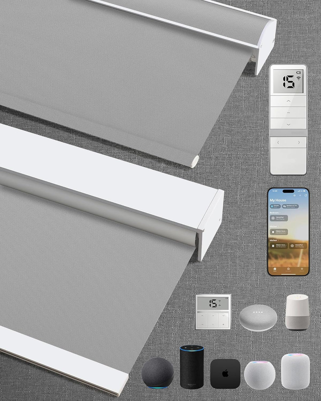 Kincmo Motorized Blinds with Remote,100% Blackout Motorized Roller Shades Work with Apple Homekit,Alexa,Google, Custom Electric Blinds with App,Voice Control (Pure Grey)