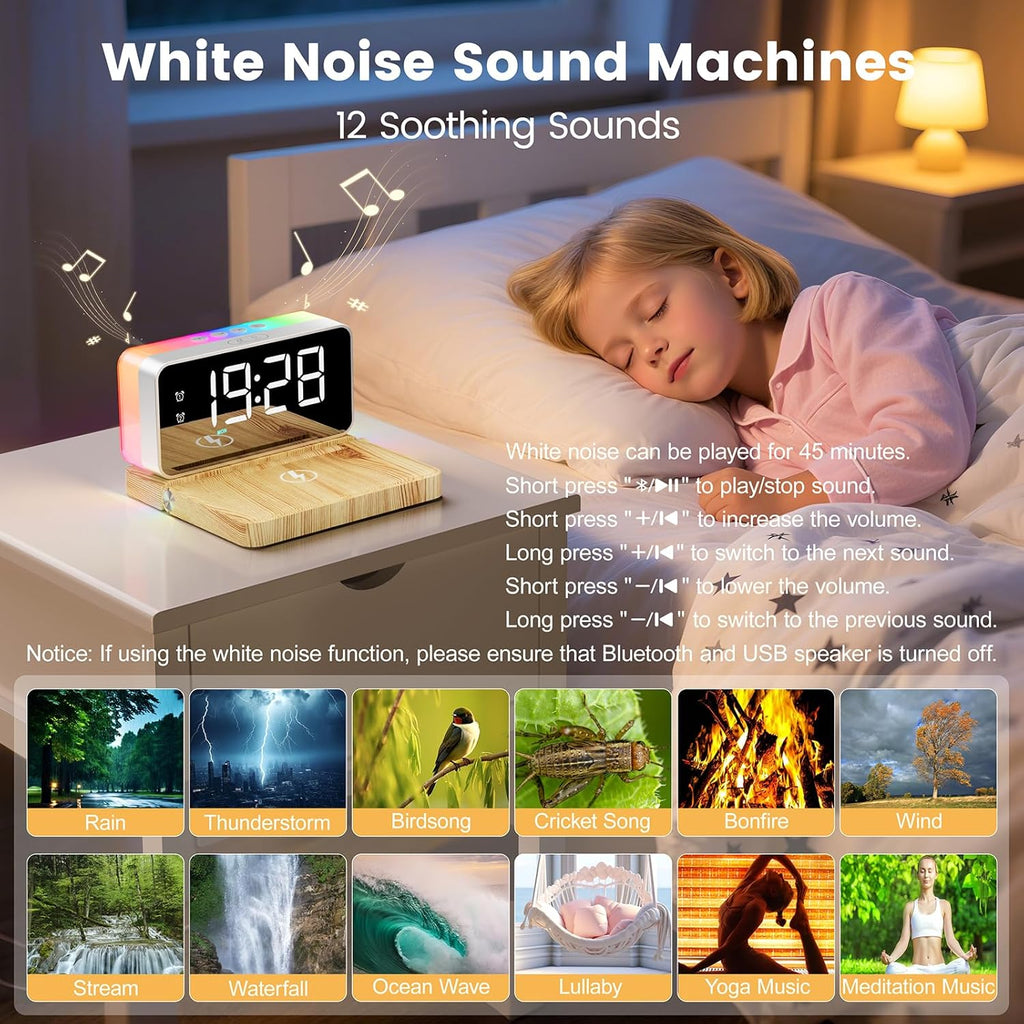 Alarm Clocks for Bedrooms with Wireless Charger Station, Bluetooth Speaker, Woodgrain, White Noise Sound Machines, RGB Night Lights, Ideal Gift for Adult Man Women Teen Girls Boys