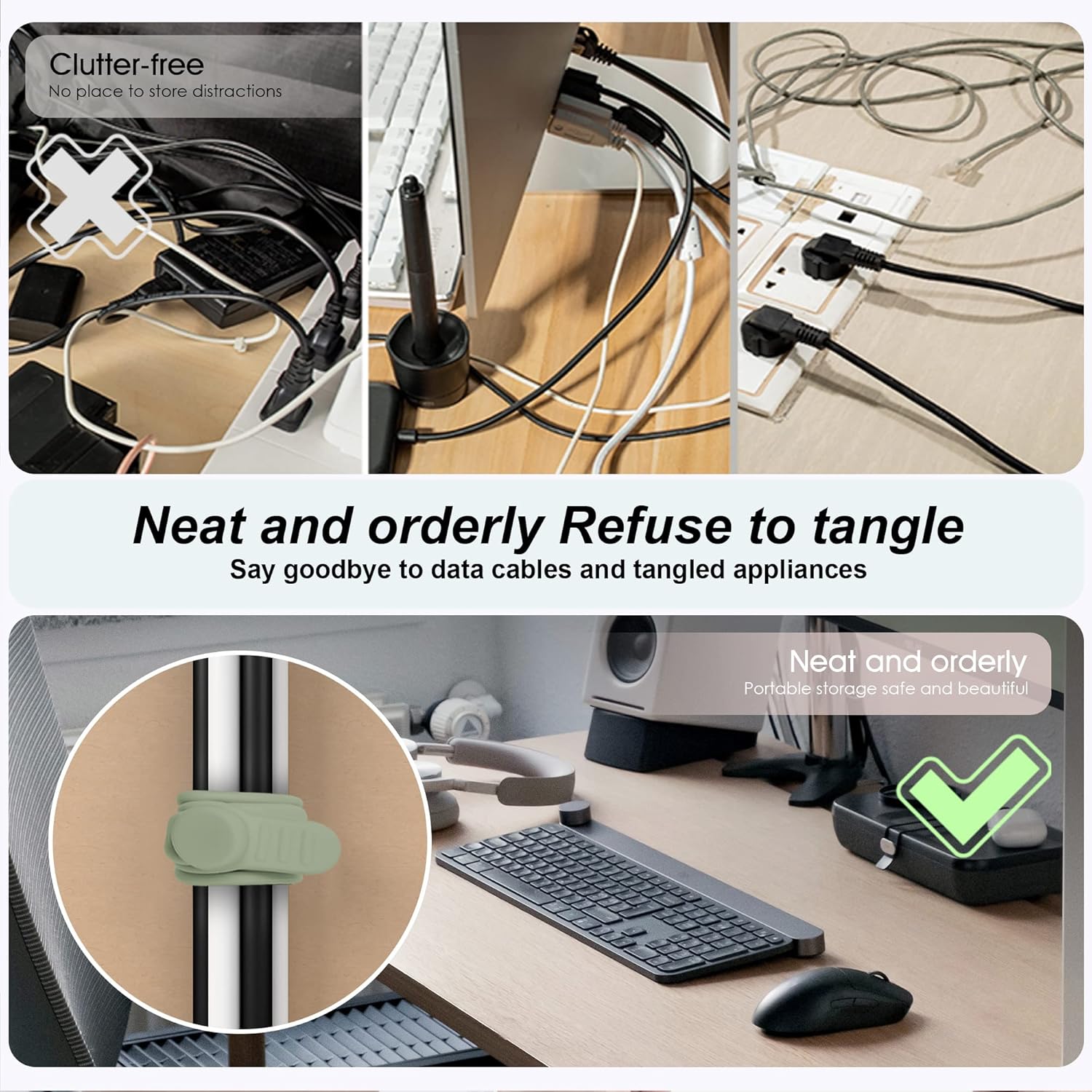 Nearockle Silicone Cable Ties Cord Organizer for Cable Management, 16PCS 4.2" and 7.1" Reusable Cable Organizer Electronic Accessories for Home, Office, Kitchen, School, Travel (Green)