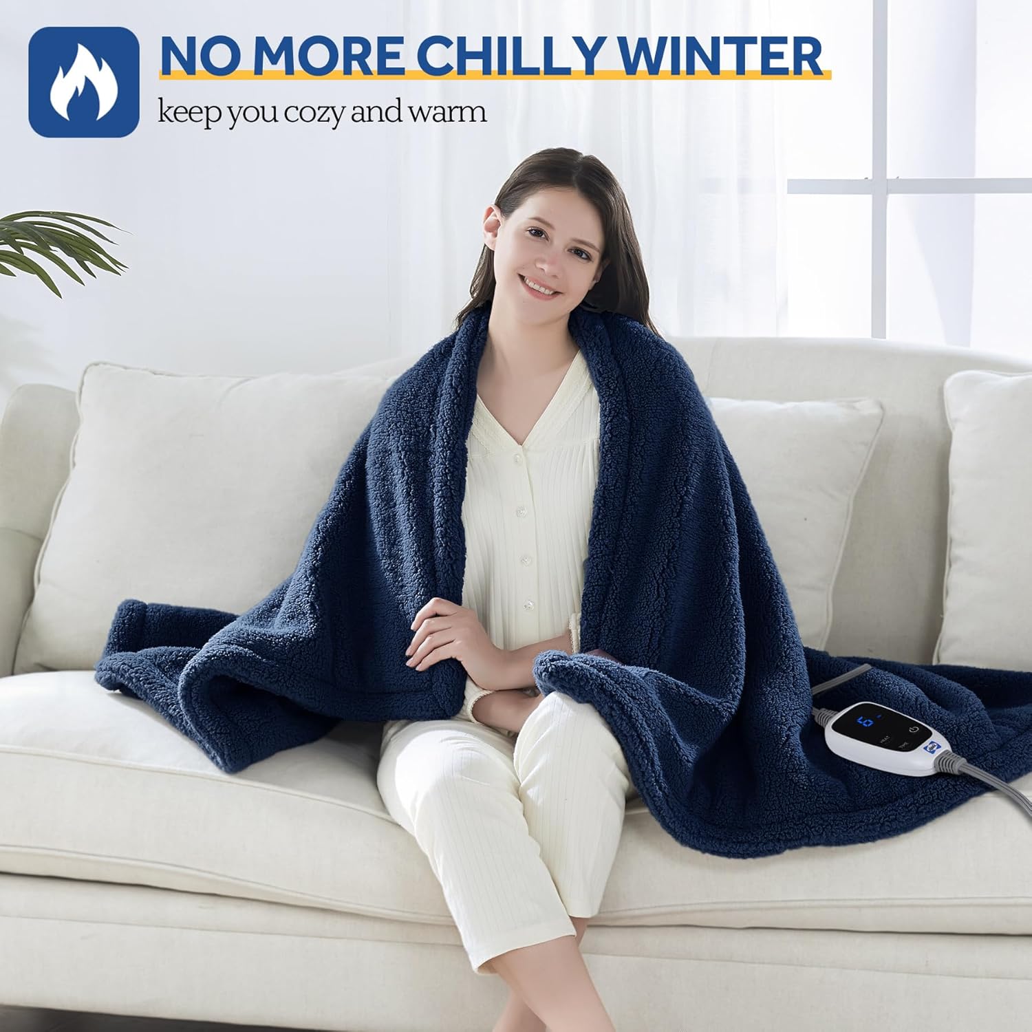 Sealy Electric Blanket Heated Throw 50"x60" Soft Double Sherpa Super Cozy with 6 Fast Heating Levels & 2-10 Hours Auto-Off, Over-Heat Protection, Machine Washable, Navy Blue