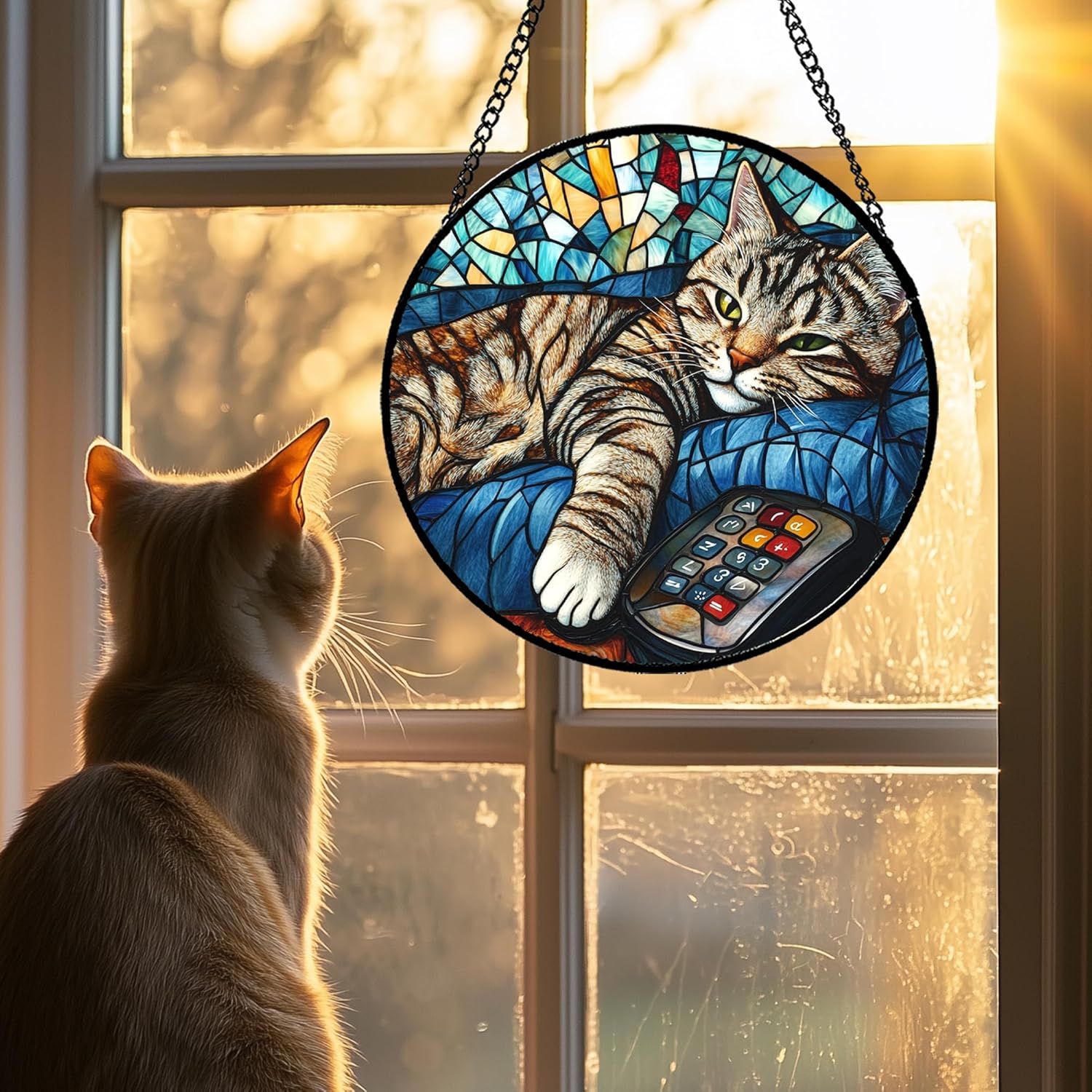 Stained Glass Window Hanging Gray Cat and Remote Control 9.8" - Suncatcher Door Garden Kitchen Sun Catcher Home Decor Birthday for Lost Pets Mom Men Woman Friend Grandma