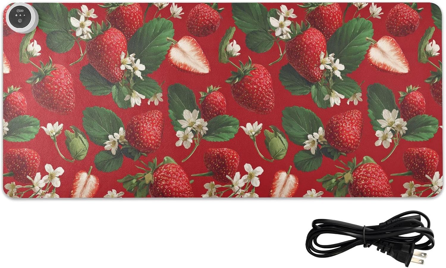 Heated Desk Pad Mouse Pad 31.5x13 Inch PU Leather Desk Mat with 3 Heat Levels Large Mouse Gaming Computer Laptop Mat Red Strawberries Flowers