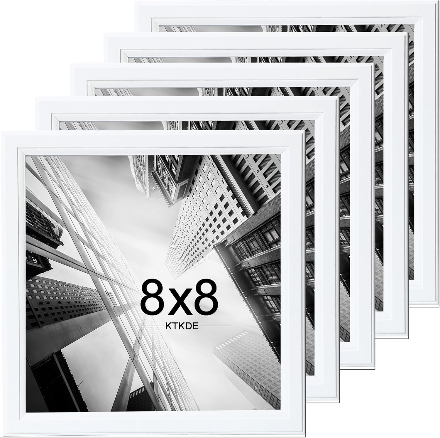 KTKDE 8x8 Picture Frame Set of 5, White Wooden frames, Wall Hanging for Tapletop Display, Best Square Photo Frame Studio Gallery for Photos, Posters & Art Prints