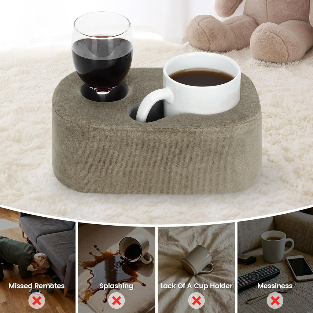 G GOOD GAIN Couch Cup Holder Pillow - Sofa & Bed Organizer Caddy for Drinks, Phones, Remotes, Snacks | Portable Tray for Car, Boat, RV, Picnic,Lightbrown