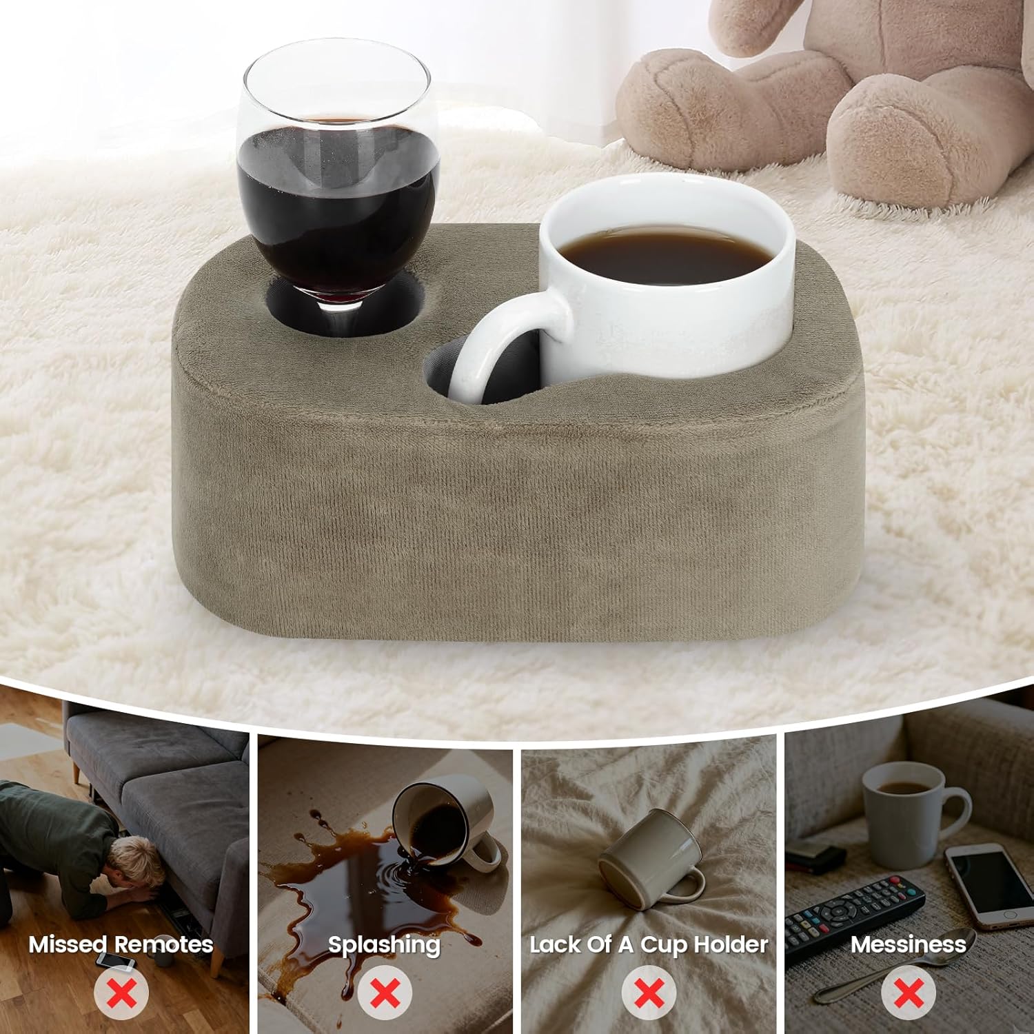 G GOOD GAIN Couch Cup Holder Pillow - Sofa & Bed Organizer Caddy for Drinks, Phones, Remotes, Snacks | Portable Tray for Car, Boat, RV, Picnic,Lightbrown