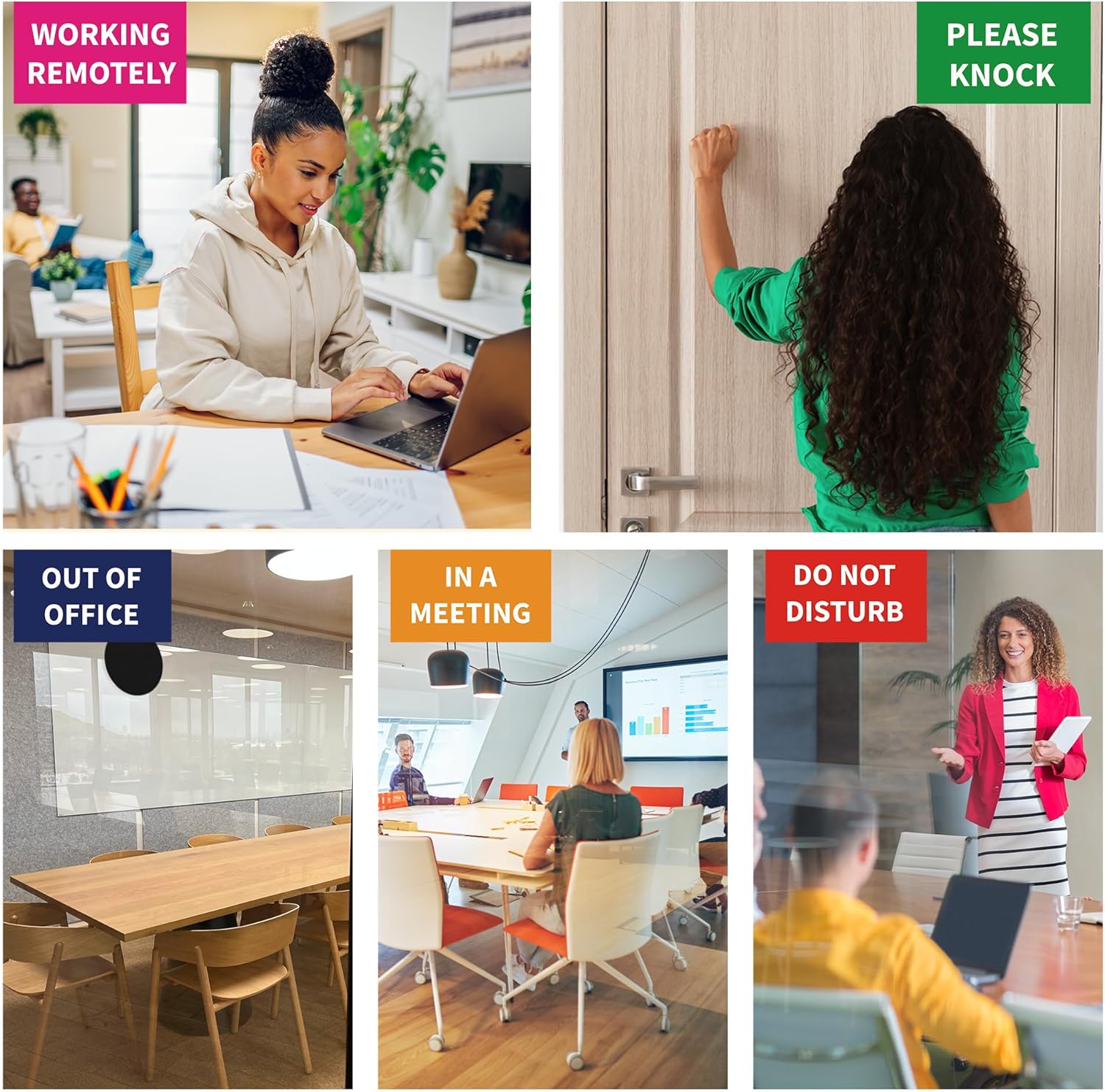Office Door Signs 6 Options Do Not Disturb, Please Knock, In A Meeting, Out Of Office, Working Remotely Back Soon Privacy Door Slider Sign For Meeting & Conference Room Silver