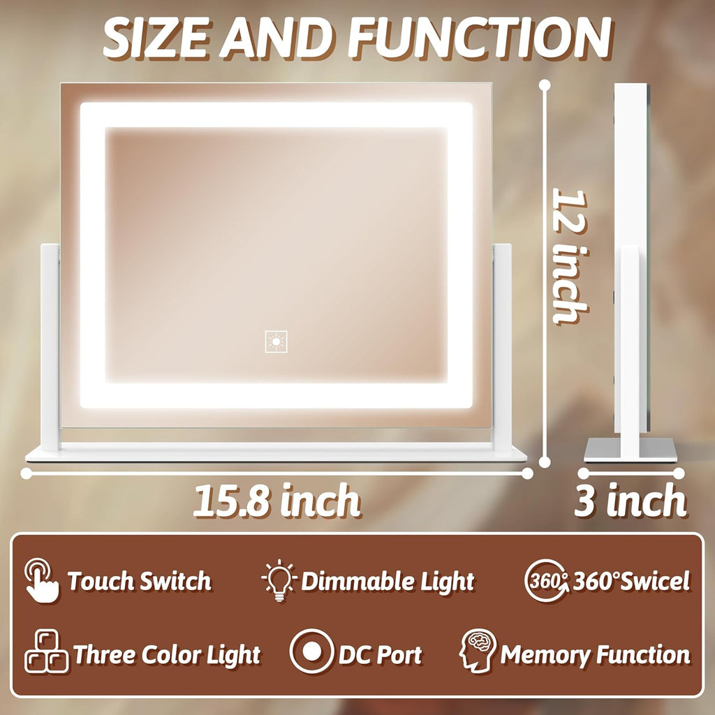 FENNIO Vanity Mirror with Lights, 12" x 16" Lighted Makeup Mirror with Smart Touch Control, 3 Color Modes & Brightness Adjustable, LED Makeup Mirror with 10X Magnification, 360° Rotation for Bedroom