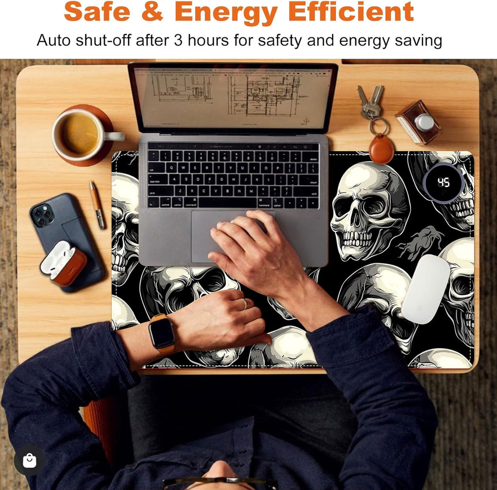 Small Heated Desk Pad 23.6" x 14.2" – Compact Electric Mouse Pad with 3 Heating Levels, Auto Shut-Off, Waterproof PU Surface, Plug-in Warmer for Office or Home Use, Skull Pattern