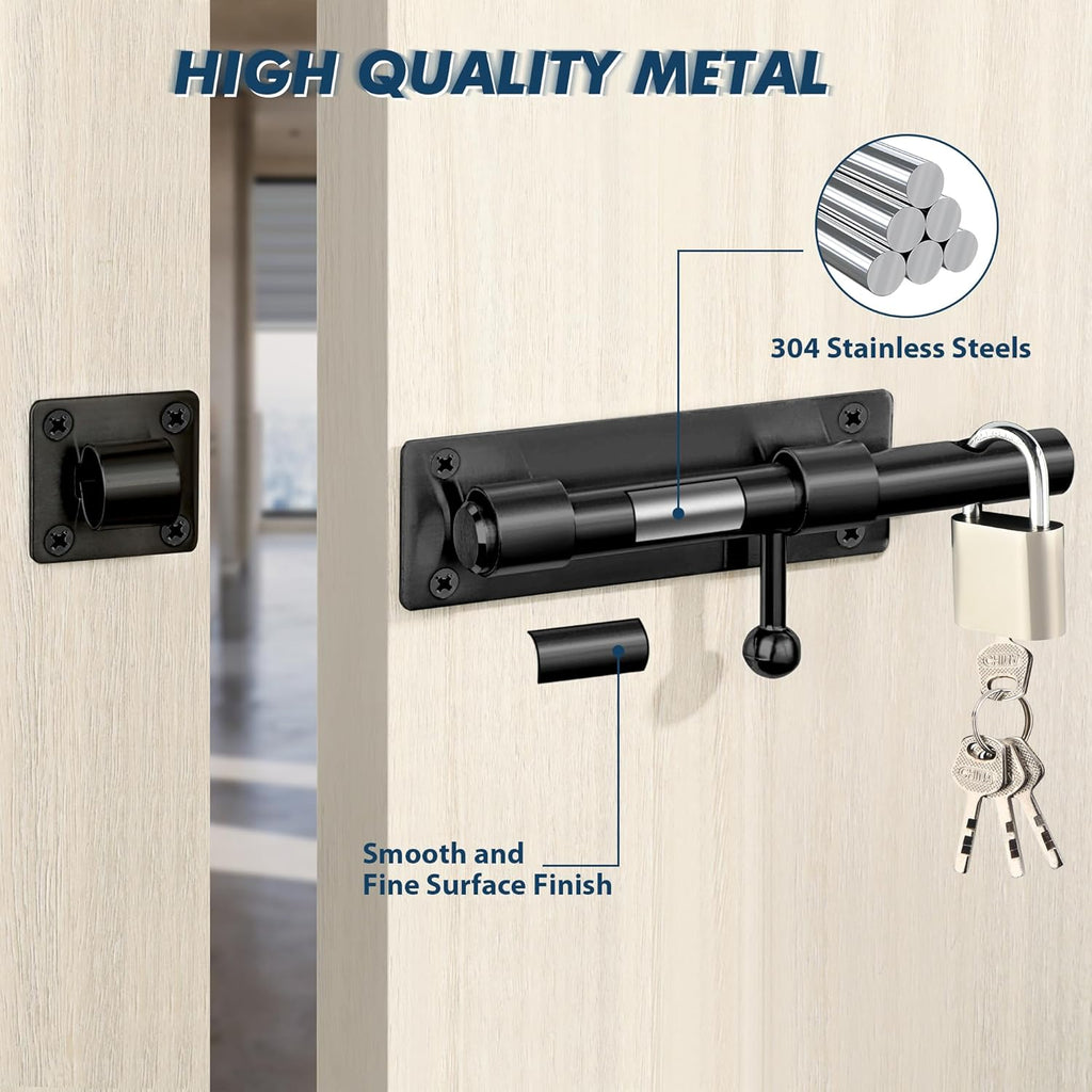 Alise 2 pcs Barrel Bolt Latch,Padlock-Style Slide Bolt Latch, 6 inch Heavy Duty SUS304 Stainless Steel Slide Lock for Wooden Fence,Barn Door,Interior or Outdoor DoorMatte Black
