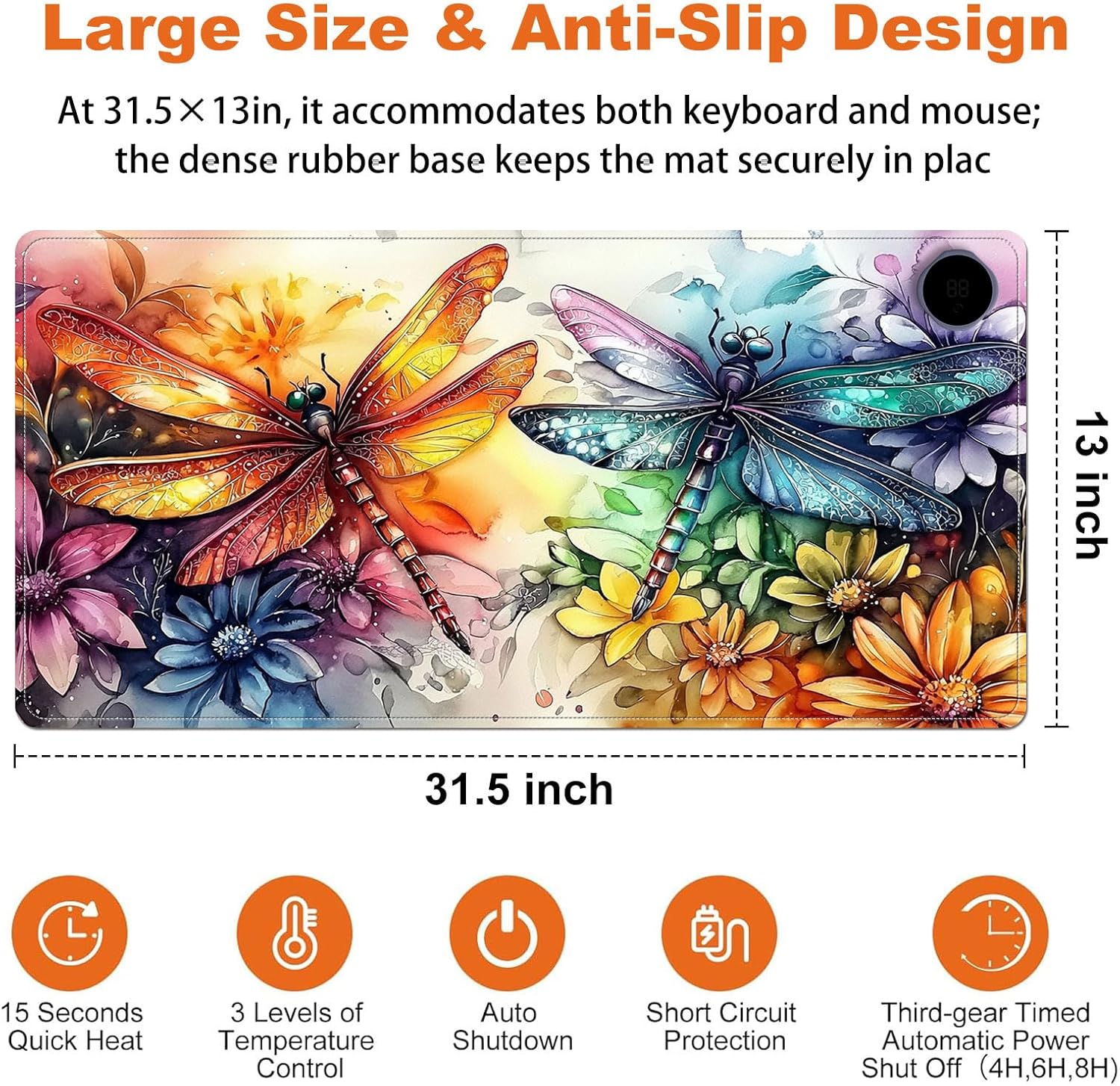 Heated Mouse Pad for Desk 31.5" x 13" – PU Leather Warm Desk Pad with 3 Heat Levels (104°F/113°F/122°F), Plug-in Electric Heating Mat with Auto Shut-Off, Waterproof & Rollable, Colorful Dragonflies