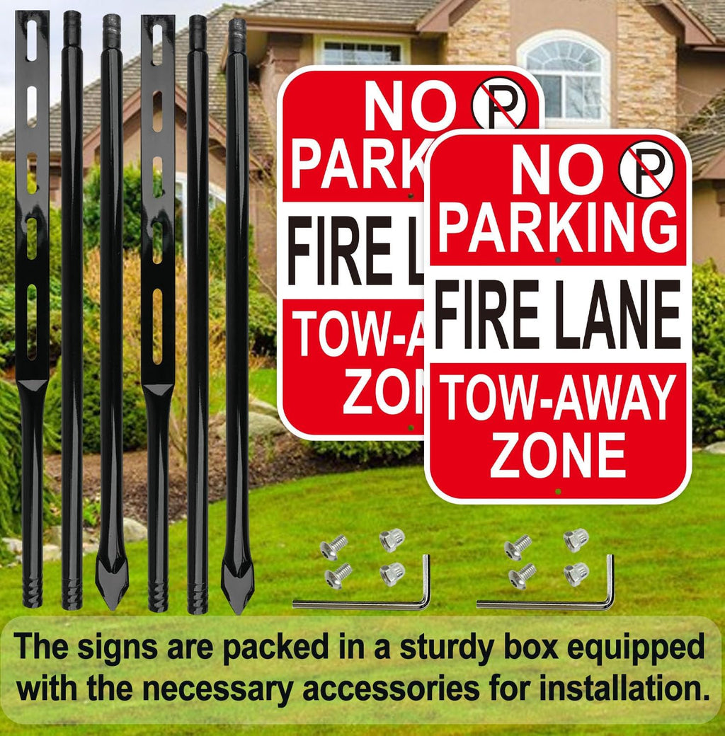 No Parking Fire Lane Sign, with 54 Inch Black Metal Stakes, 10 x 14 Inches Reflective Sheeting Rust Free Aluminum, 2 Pack, Indoor/Outdoor Use