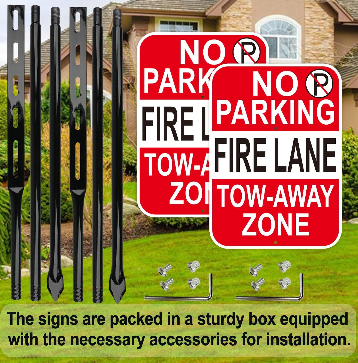 No Parking Fire Lane Sign, with 54 Inch Black Metal Stakes, 10 x 14 Inches Reflective Sheeting Rust Free Aluminum, 2 Pack, Indoor/Outdoor Use