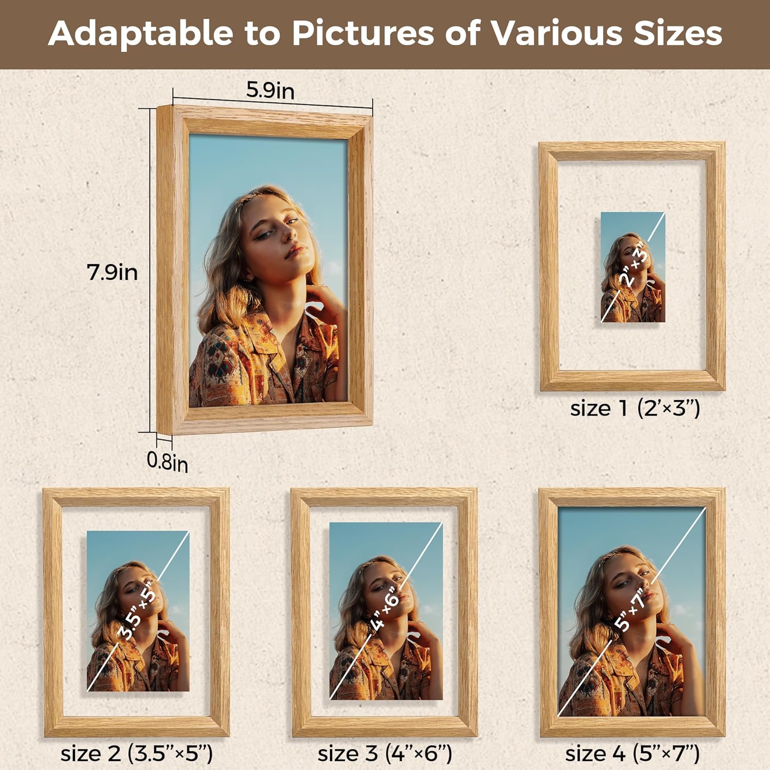 Axeman 5x7 Floating Picture Frame - Solid Oak Wood Picture Frame, Double Tempered Glass Photo Frame 2x3 4x6 5''x7''Wood Frame, Wall Mount Or Tabletop Standing, Natural