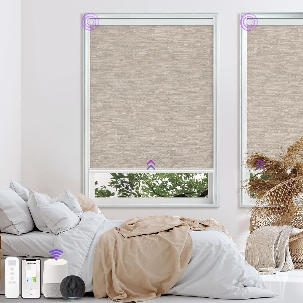 Astomi Motorized Roller Shades for Windows, Blackout Automatic Blinds with Remote, Smart Blinds, Voice Control, Compatible with Alexa, Google, Custom Size (Jacquard Coffee)
