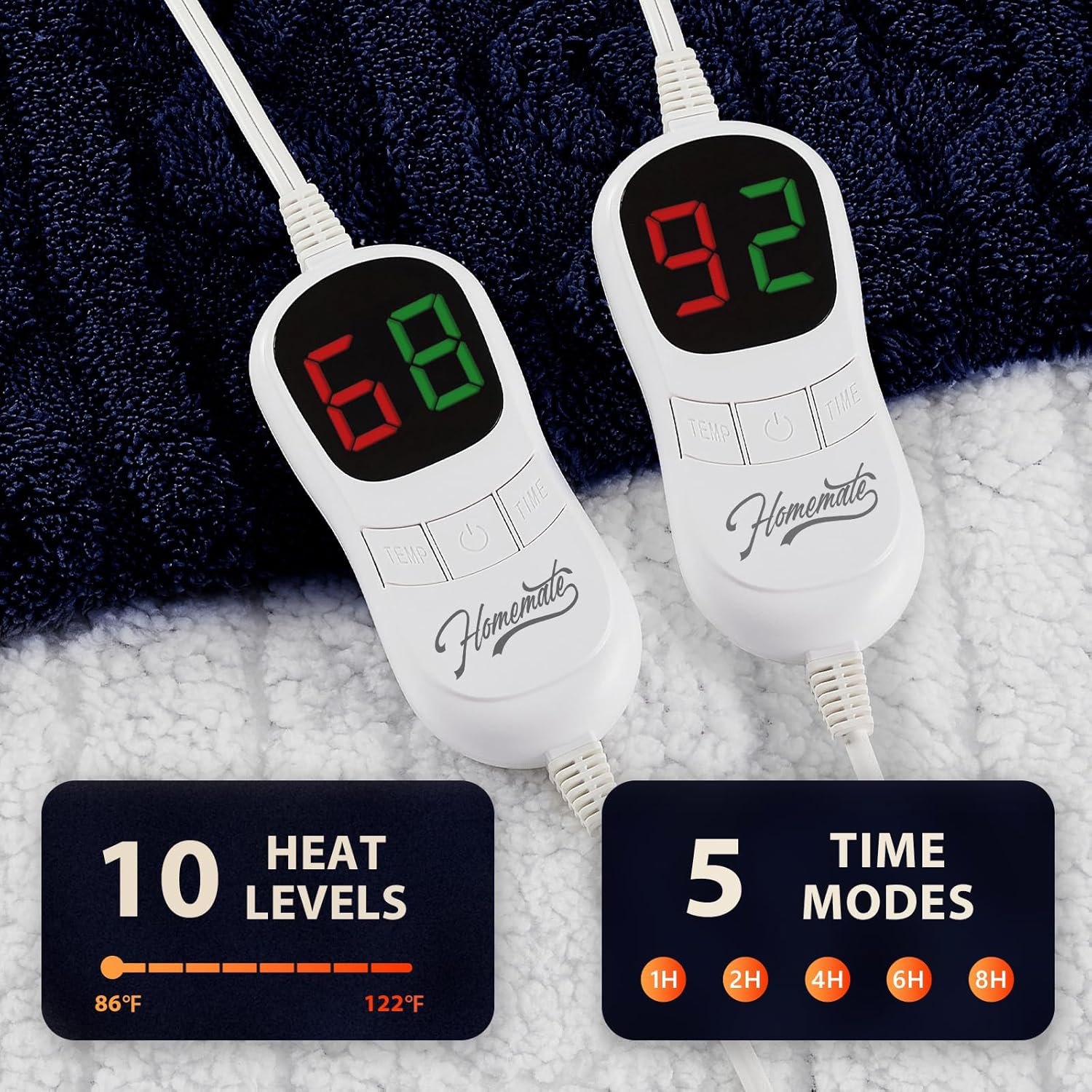 Homemate Electric Heated Blanket Queen - 84"x90" Heating Bed Blankets Throw with 10 Heating Levels 8 Hours Auto Off Fast Heating Over-Heated Protection Ultra Soft Warm Flannel ETL Certified