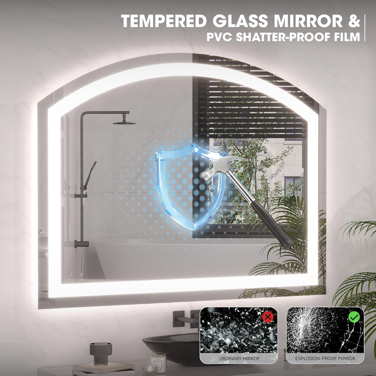 Hasipu 40" x 36" Arch LED Bathroom Mirror, Frontlit Wall-Mounted Vanity Mirror with Lights, Defogging, Smart Touch, Dimmable 3 Color Modes, Safety Shatterproof Glass Coating