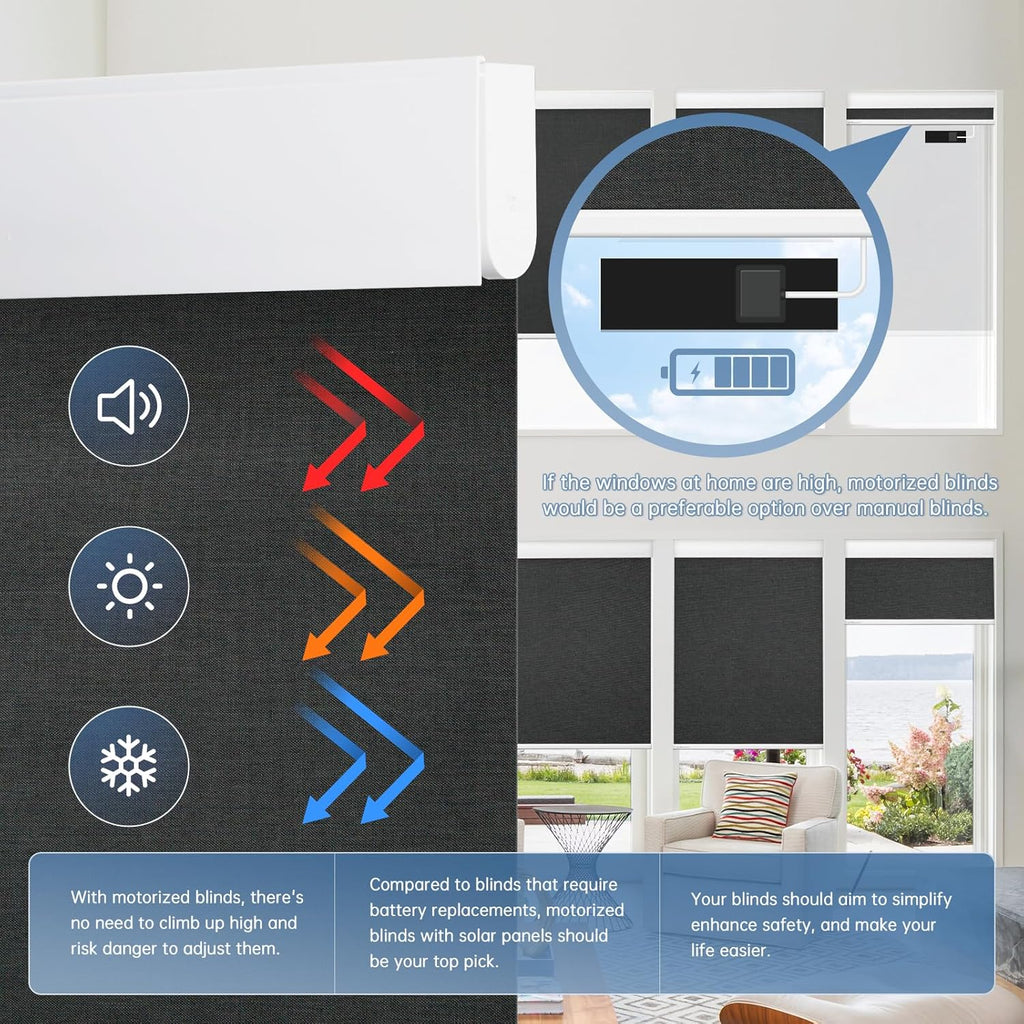 DENFOON Motorized Blinds with Remote control, Custom Blackout Smart Blinds [with Cover],Electric Blinds with Complimentary Solar Panel, Cordless Automatic Roller Shades for Windows (Black，31"W x 72"H)