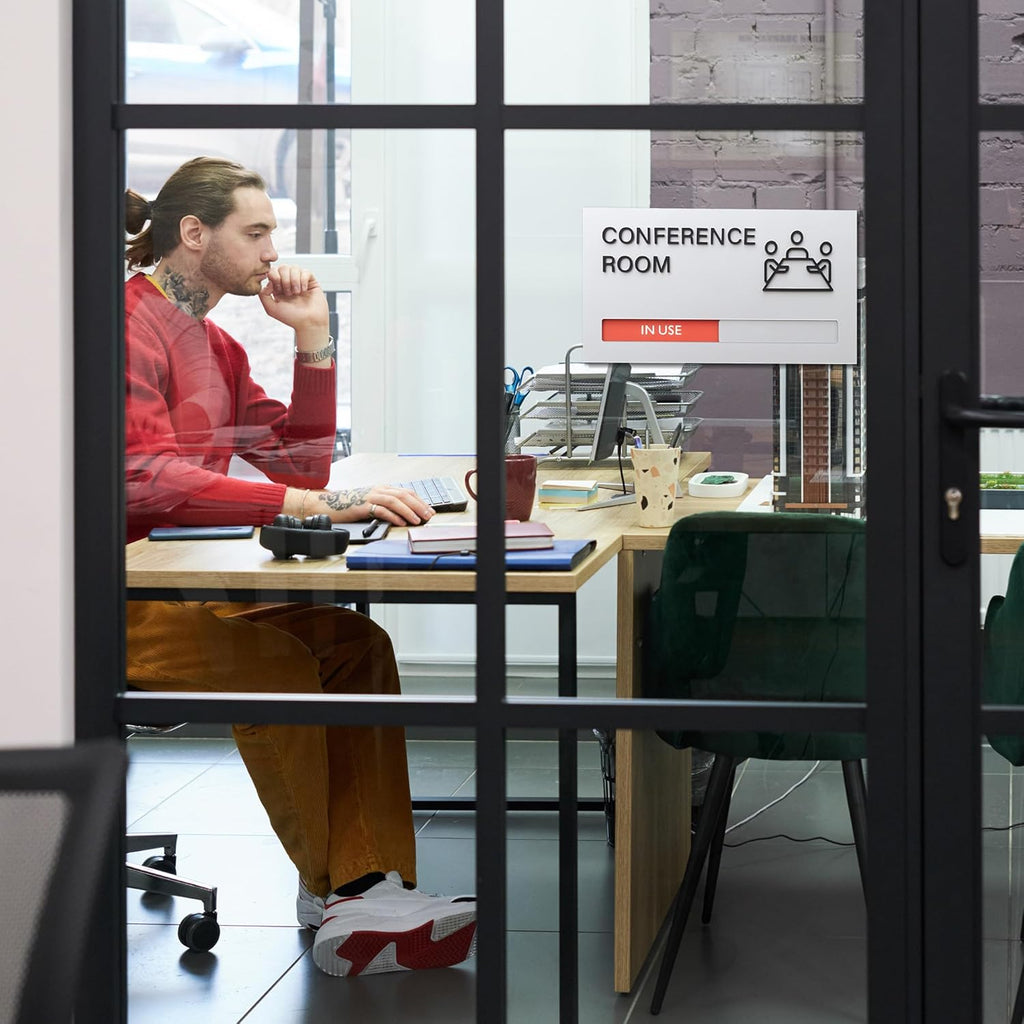 Conference Room Door Signs for Office, Meeting In Progress Door Sign, In Use Available Slider Indicator Tells Whether Room Vacant Or Occupied