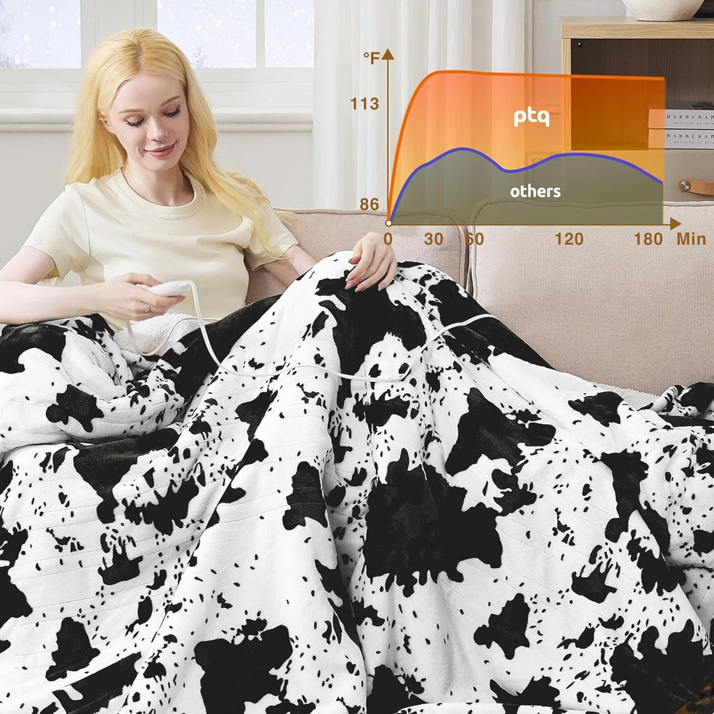 Electric Blanket Twin Size - Reversible Sherpa & Flannel, 62"× 84" Heated Throw Blanket with 6 Heat Settings & 1-12H Timer, Machine Washable, Warm Gift for Women, Black Cow Print