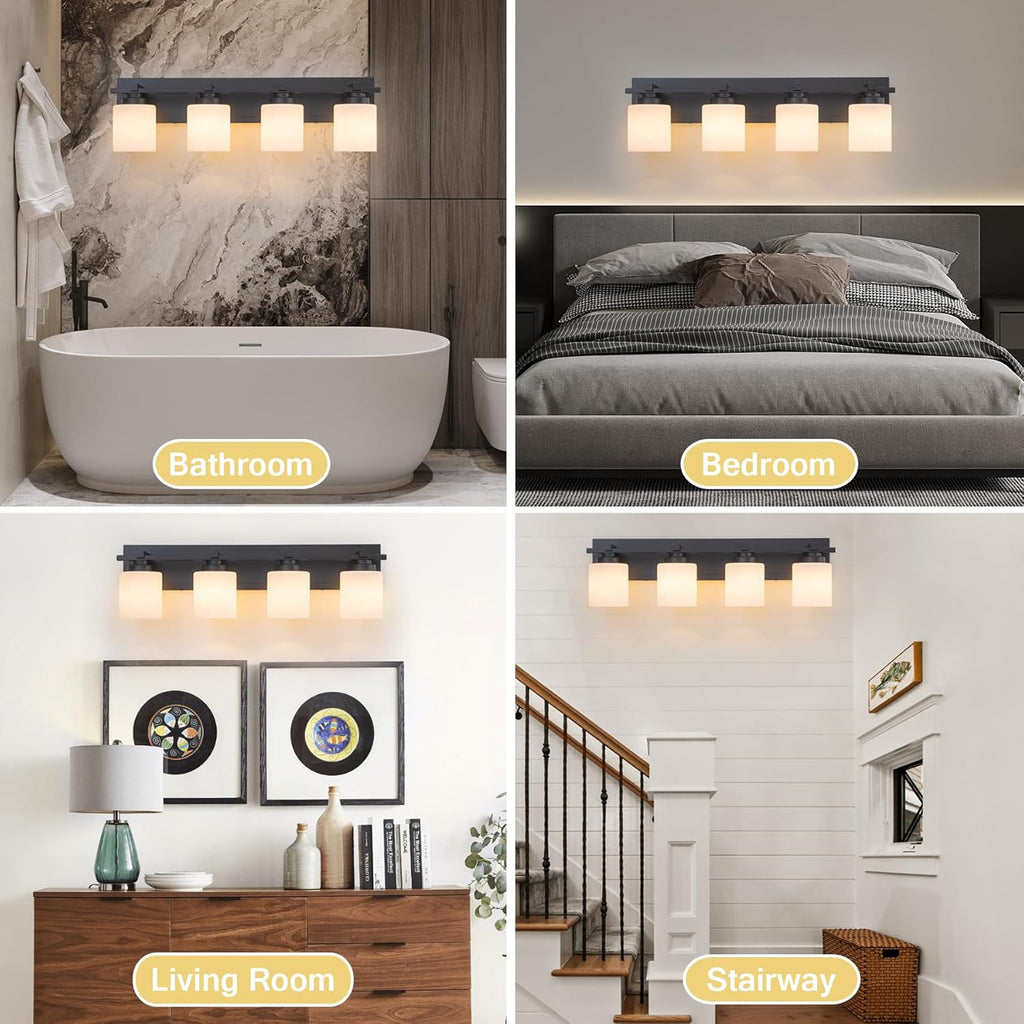 4 Light Modern Bathroom Light Fixtures Over Mirror, Black Vanity Lights for Bathroom Wall Sconces with Milky White Glass Shades, E26 Socket (Bulbs Not Included)