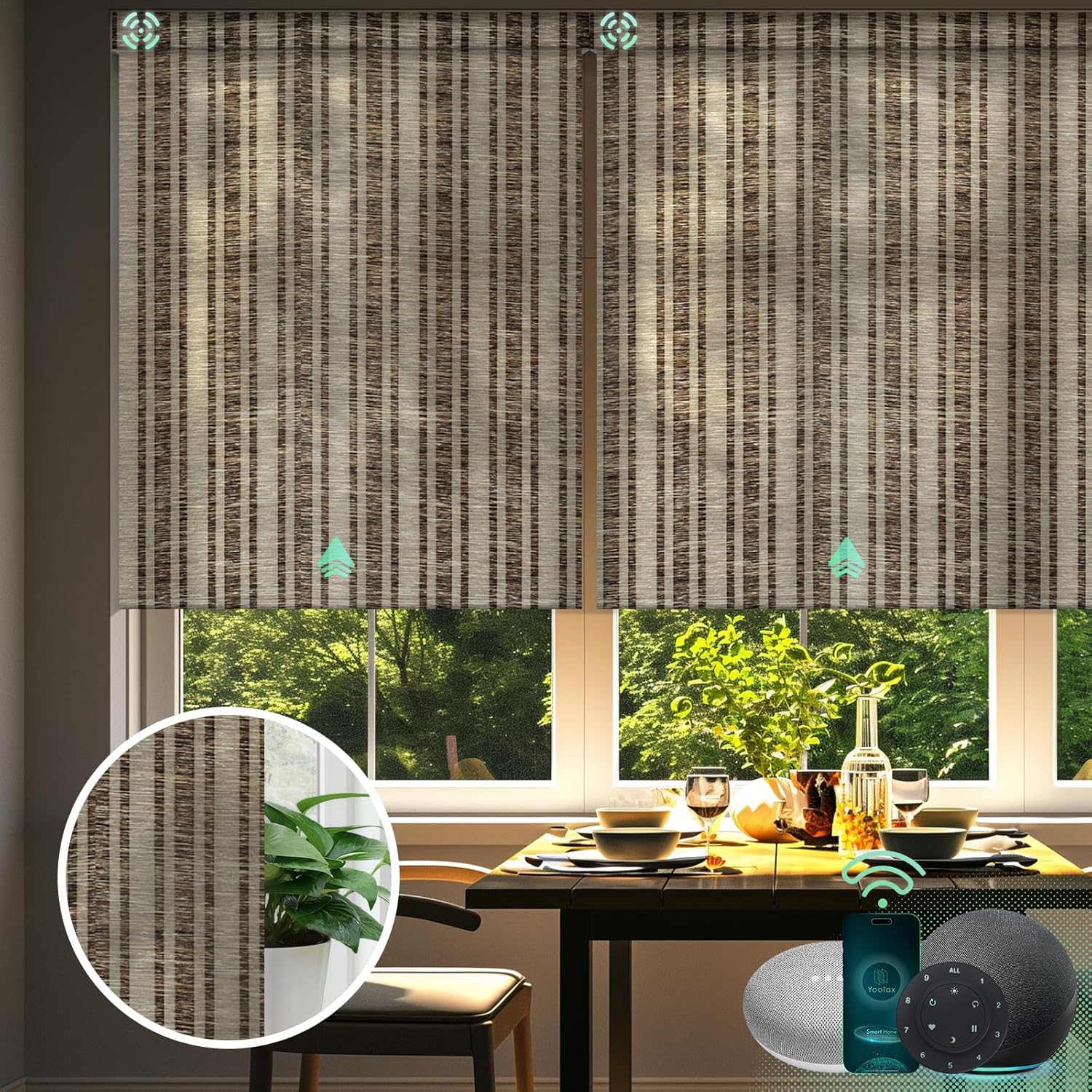 Yoolax Motorized Blinds with Remote, Light Filtering Smart Blinds Compatible with Alexa Google Home, Automatic Shades for Windows Living Room, Custom Size (50% Blackout V-Jungle Brown)