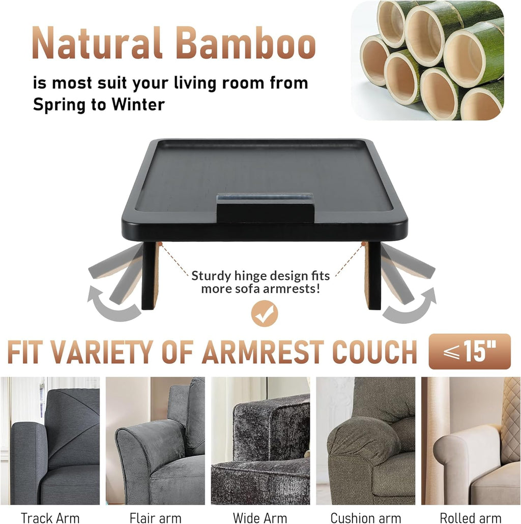 SINWANT Couch Armrest Table, Large Bamboo Couch Arm Table 360° Phone Holder,Foldable Sofa Arm Tray for Eating Drinking Snacks Remote on Chair Armrest