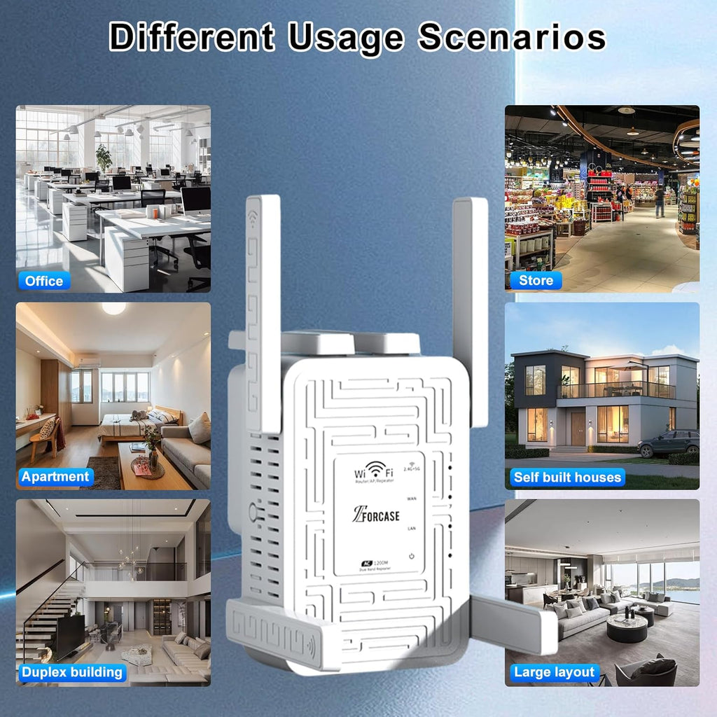 WiFi Extender Signal Booster Dual Band 5.8GHz&2.4GHz, w/6 Antennas WiFi Booster for Home Coverage up to 10200 Sq.ft, Signal Amplifier 1200Mbps WiFi Repeater w/Ethernet Port, 1-Tap Setup, White