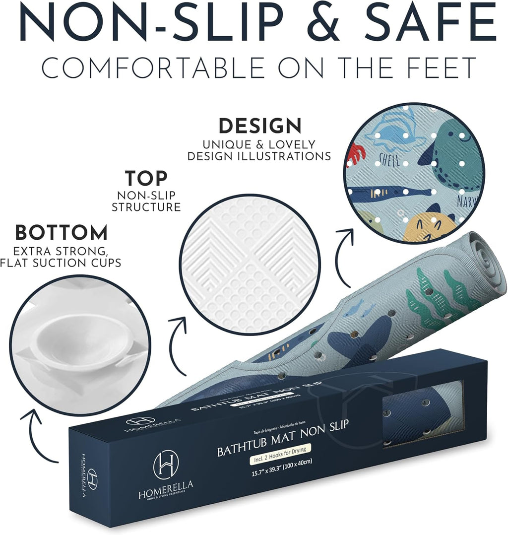 Bath Tub Mat Non Slip Anti Mold for Kids BPA Free INCL Hooks - homerella® Ocean Sea Animals 40x16, Baby Bath Mat Non Slip 200 Suction Cups, Non Toxic Machine Washable Toddler Bath Mat, EU Certified