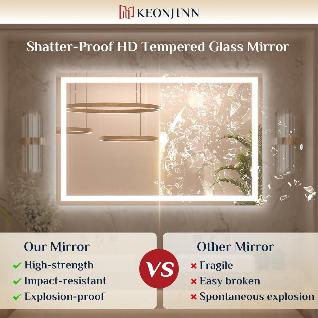 Keonjinn 60" x 40" Lighted Mirror for Bathroom Wall, LED Mirror with Frontlit & Backlit, Large Bathroom Mirror with Lights, Dimmable 3-Color Lights, HD Tempered Glass, UL-Listed LED Driver