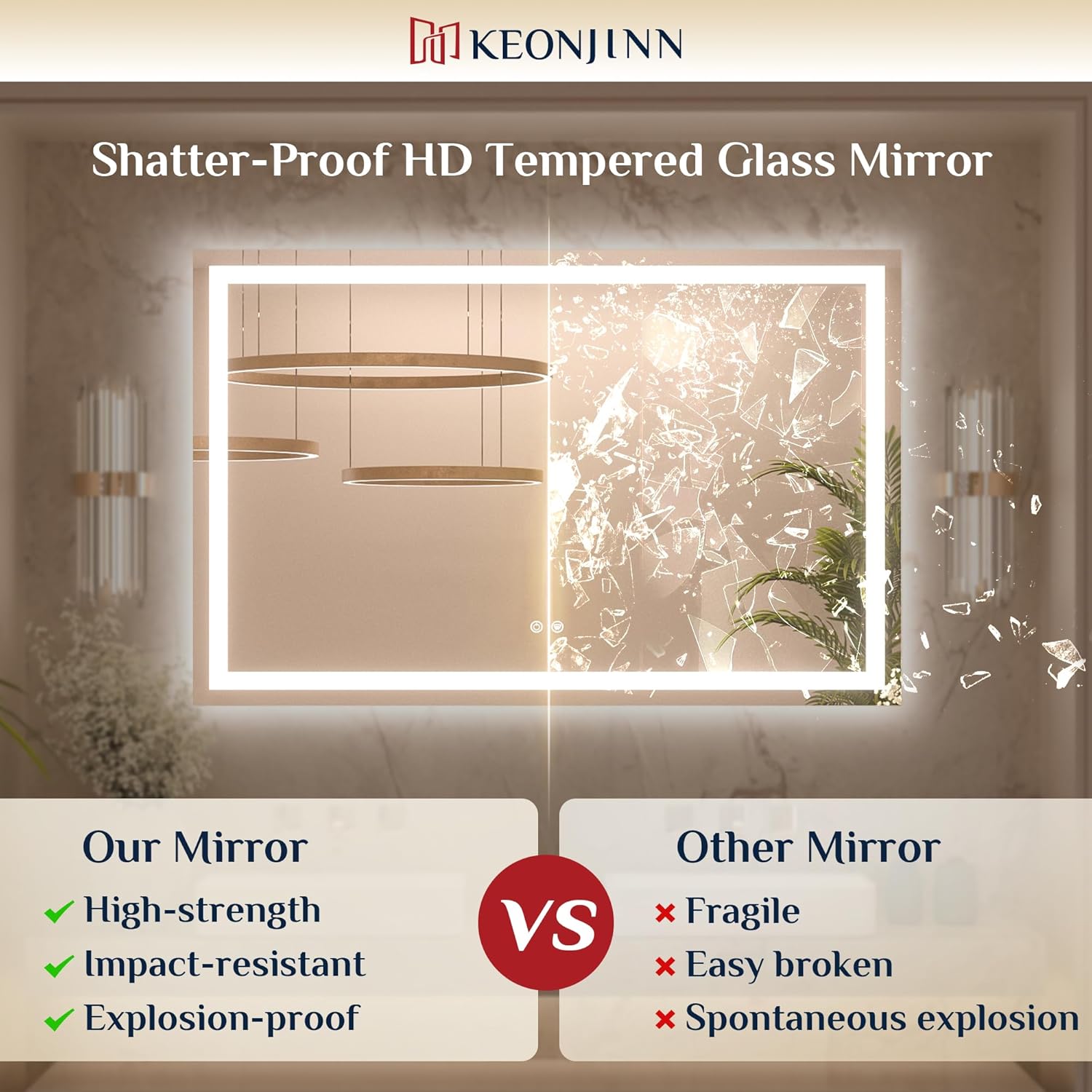 Keonjinn 24 x 30 Inch Bathroom Mirror with Lights, LED Vanity Mirror with Frontlit & Backlit, Stepless Dimmable 3-Color Temperature, Lighted Mirror with Anti-Fog, Tempered Glass(Horizontal/Vertical)