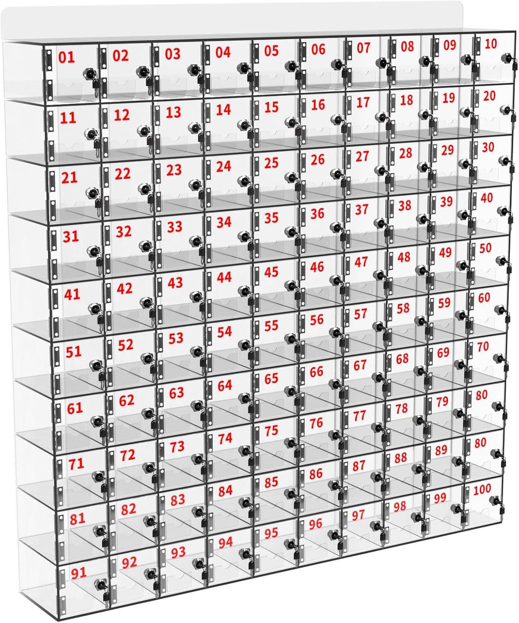 Cell Phone Locker 100 Slots Acrylic Cell Phone Lock Box with Door Locks and Keys, Wall-Mounted Cell Phone Storage Cabinet for Office Classroom Gym Firms, Clear Lockers for Storage (Large 100 Slots)