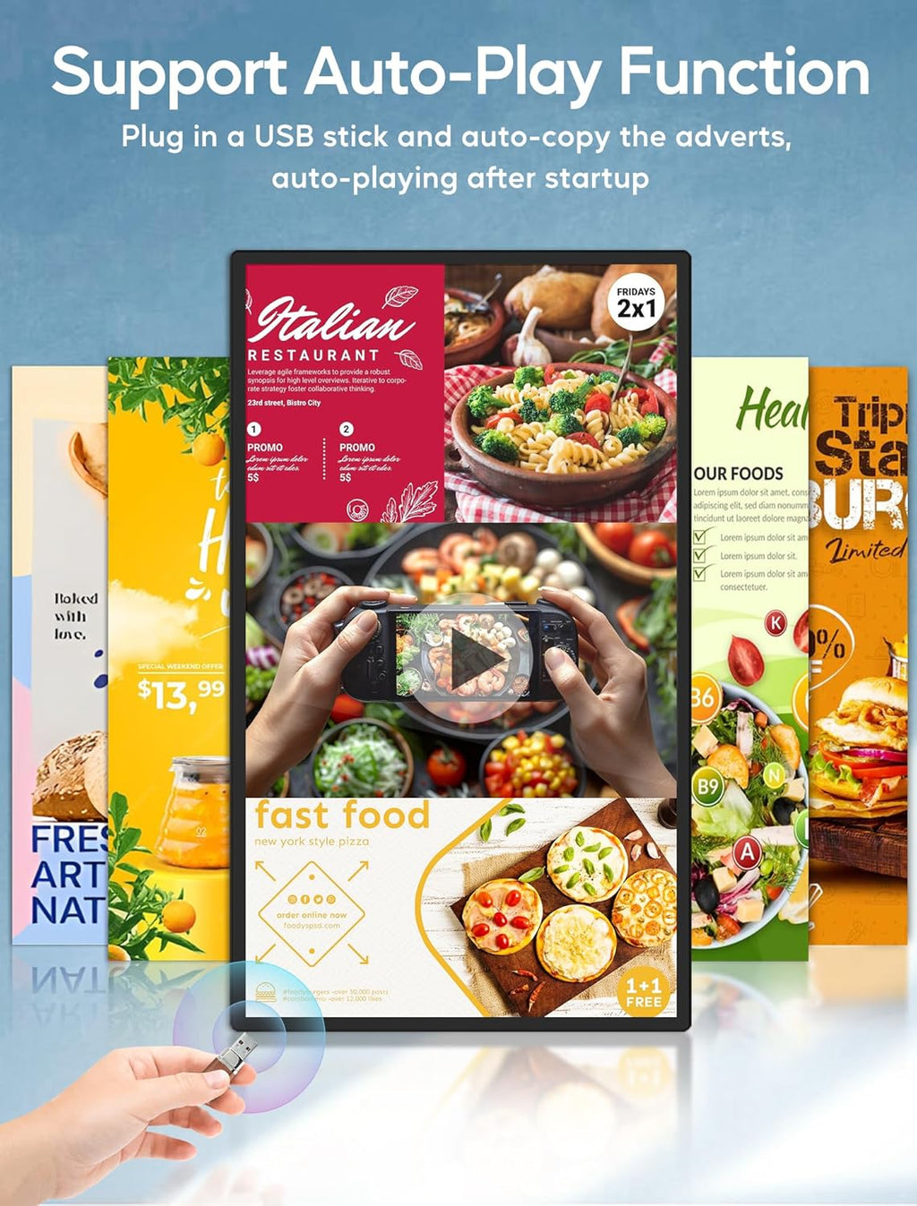 15.6" Digital Signage with Battery, Capacitive Touchscreen Advertising Display, Commercial LCD Monitor with Stand, Auto Play, Wireless Screen Mirroring, 2+32GB, Black