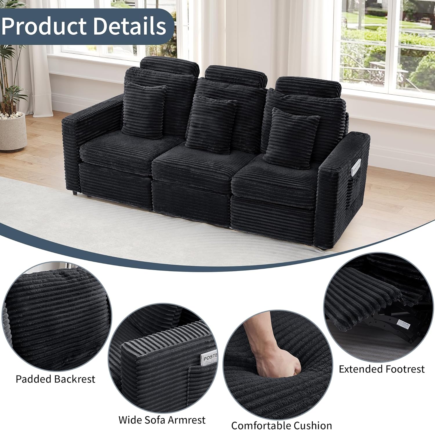LEVNARY 3-Seater Modular Reclining Sofa, Faux Rabbit Fur Power Recliner Couch with 3 Electric Seats, 3 Pillows & Side Pockets, Adjustable Back & Footrest, Living Room Furniture (Black)