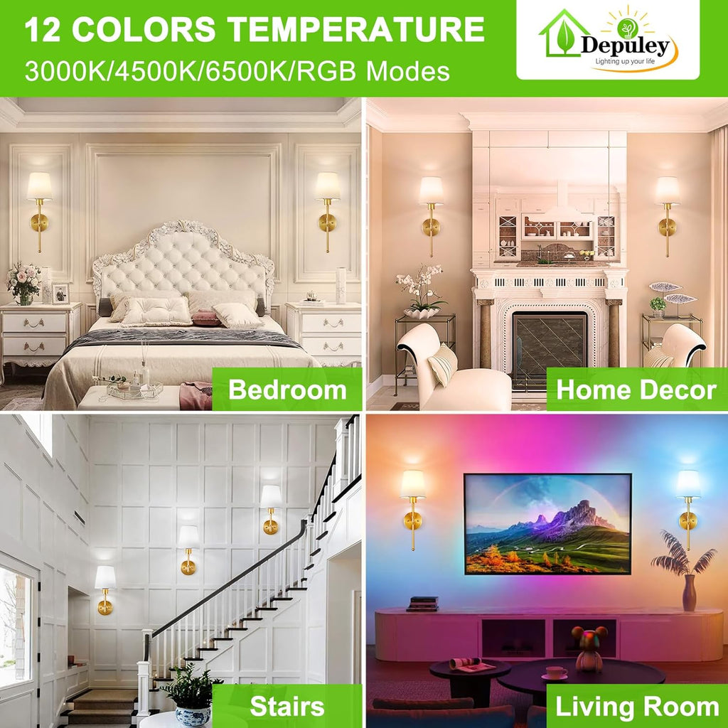 Depuley Battery Operated Wall Sconce: Set of 2 19.99" Wireless Wall Lights with Remote for Bedroom - Rechargeable 15 Colors Gold Wall Lamp for Living Room Hallway Decor