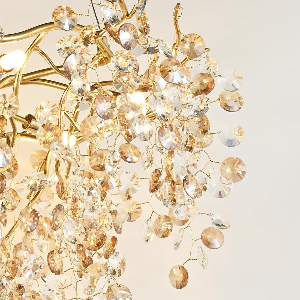 Crystal Gold Chandelier Modern Round Ceiling Pendant Light Fixture Tree Branch Chandeliers for Living Room Dining Room Kitchen Bedroom Hotel